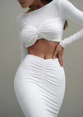 Elegant Shirred Maxi Skirt & Crop Top Set - White