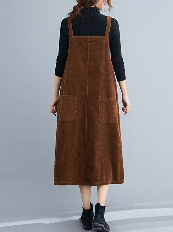 Artistic Retro Simple Corduroy Square-Neck Sleeveless Strap Dress