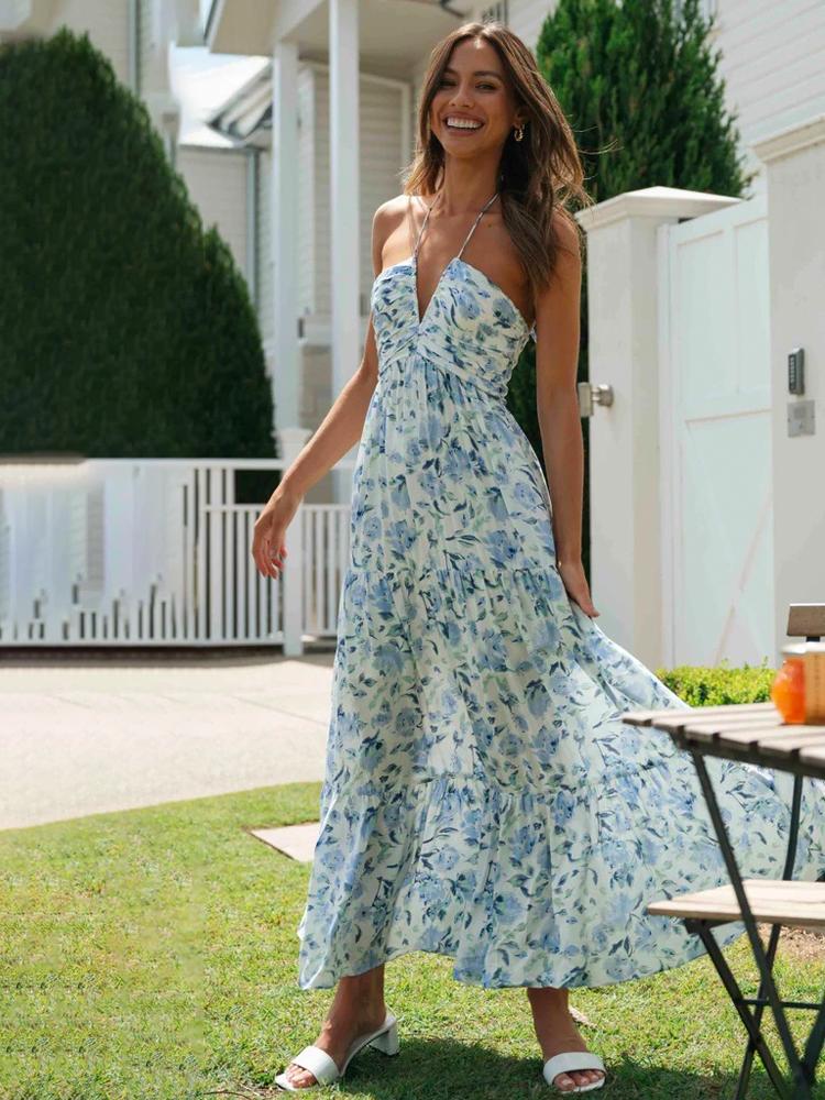 Sue Floral Printed Halterneck Maxi Sundress