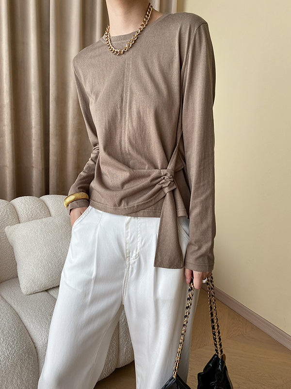 Long Sleeves Asymmetric Bowknot Solid Color Round-Neck T-Shirts Tops