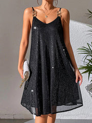 A-Line Loose Backless Mesh Sequined Shiny Split-Joint Spaghetti-Neck Mini Dresses