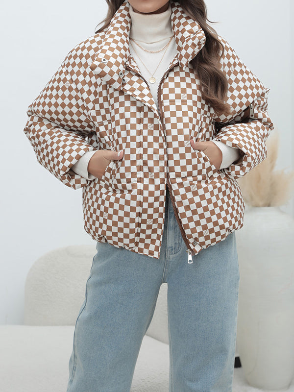 Long Sleeves Loose Keep Warm Plaid Quilted Zipper Stand Collar Padded Coat