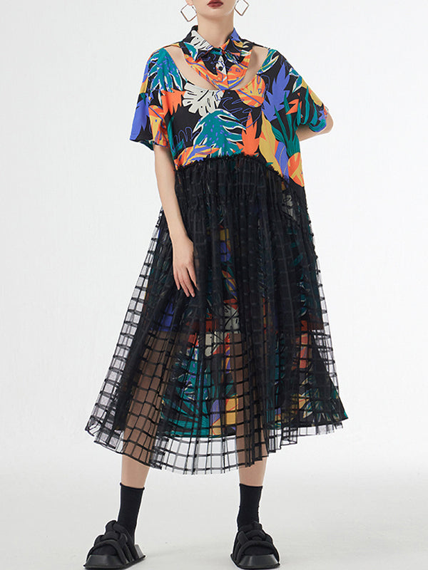 A-Line Loose Buttoned Hollow Mesh Printed Split-Joint Lapel Midi Dresses