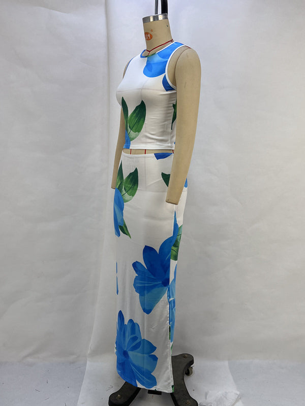 Sleeveless Flower Print Round-Neck Vest Top + Bodycon Skirts Bottom Two Pieces Set