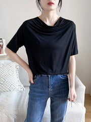 Short Sleeves Pleated Solid Color Heaps Collar T-Shirts Tops