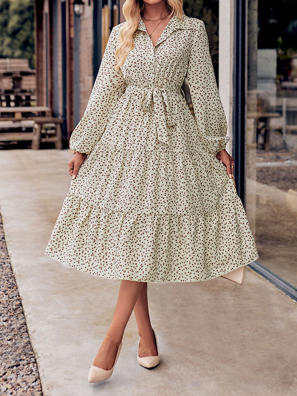 A-Line Long Sleeves Buttoned Flower Print Pleated Split-Joint Tied Waist Lapel Midi Dresses