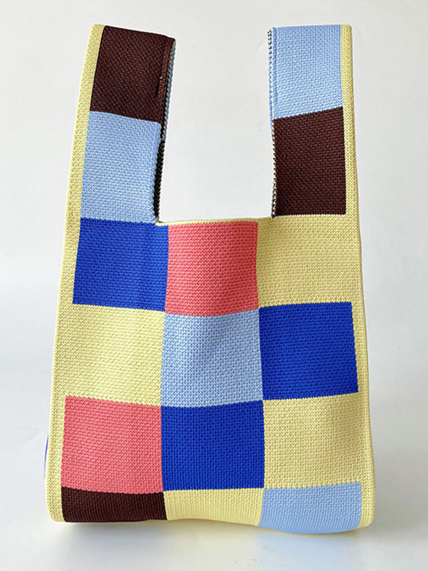 Checkerboard Contrast Color Woven Bags Handbags