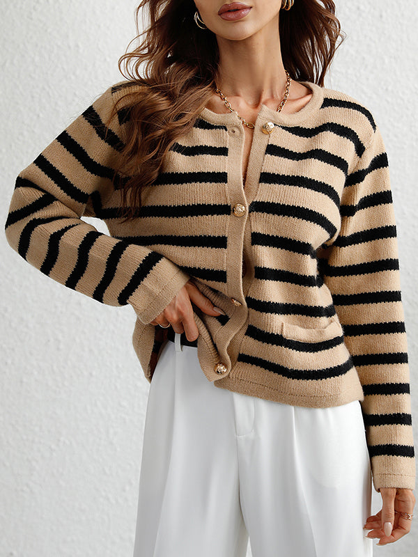 Long Sleeves Loose Buttoned Pockets Striped Round-Neck Cardigan Tops