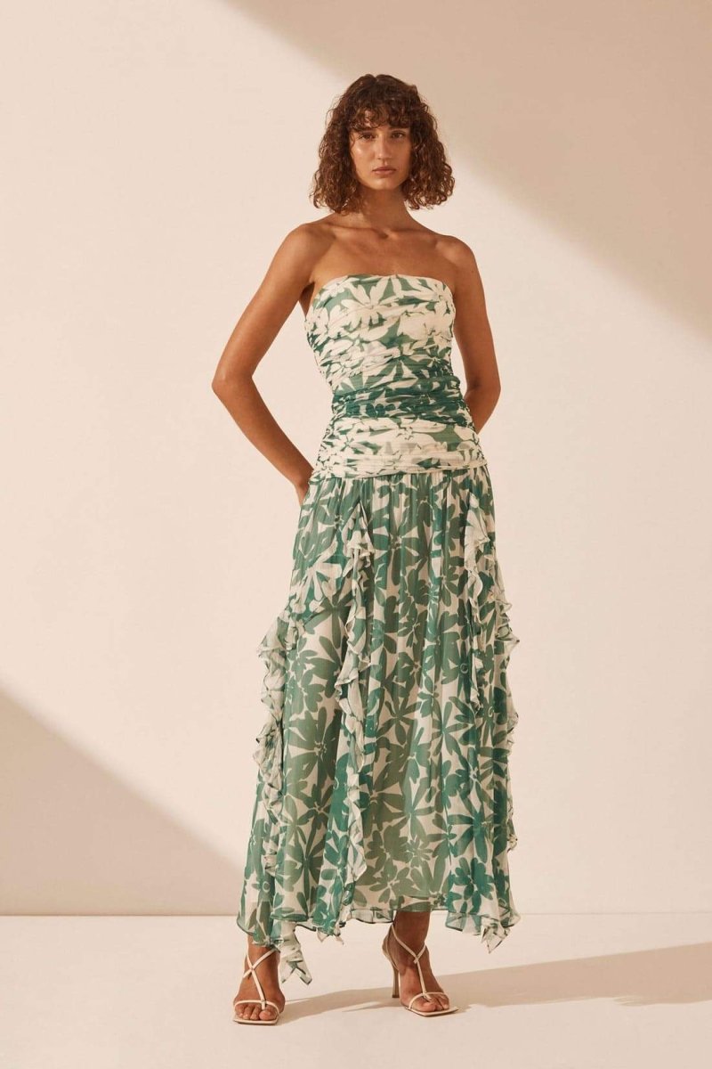 Antonia Printed Strapless Gathered Maxi Dress