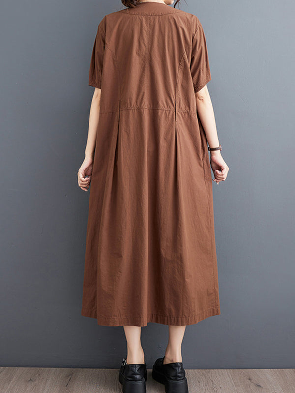 A-Line Loose Buttoned Pockets Solid Color V-Neck Midi Dresses