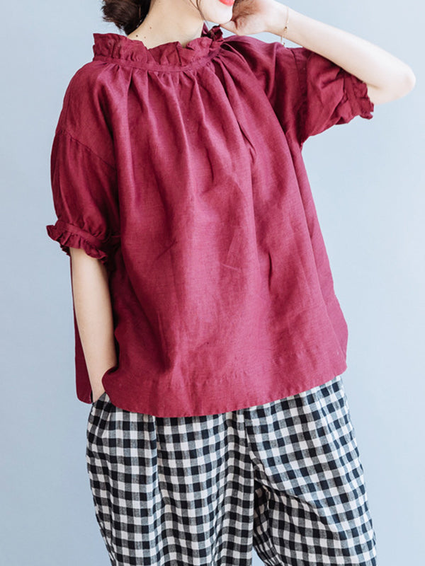 Half Sleeves Loose Ruffled Solid Color Round-Neck T-Shirts Tops