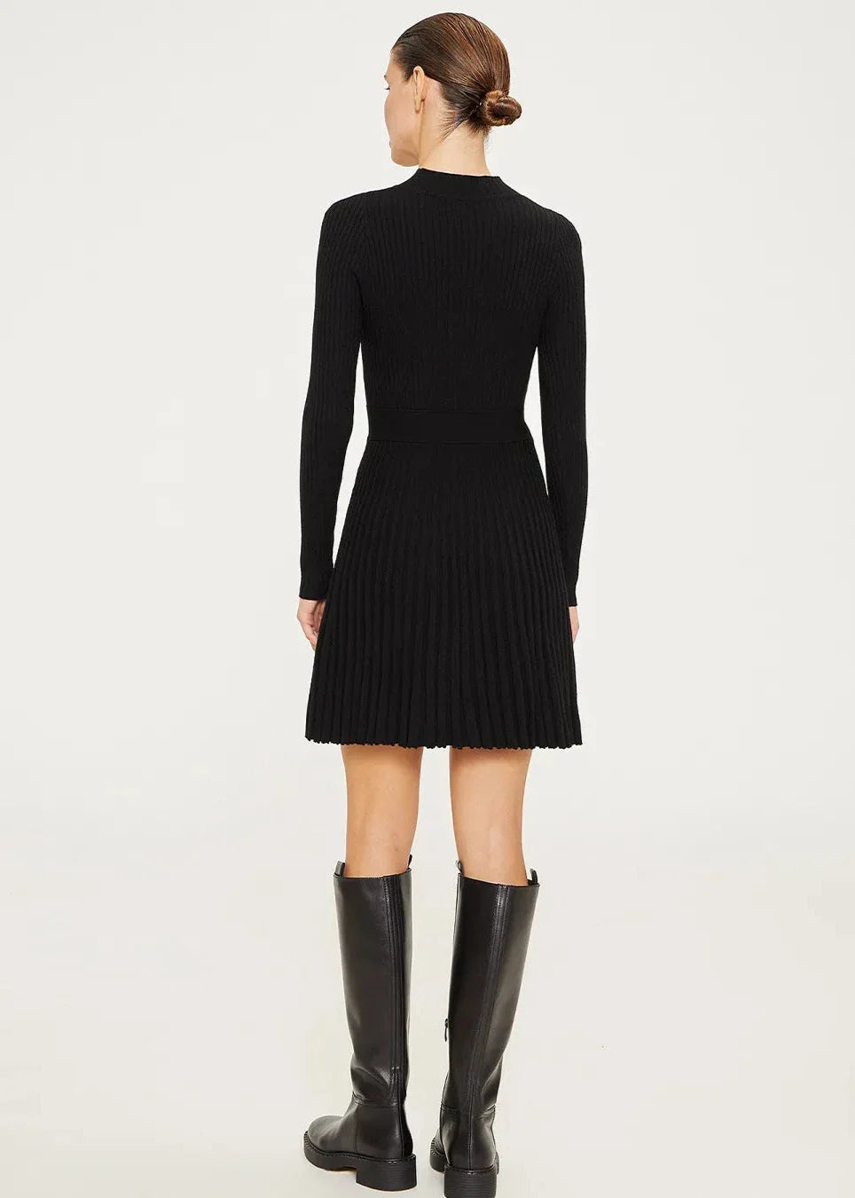 Elegant Ribbed Pleated Knit Dress - Half Turtleneck Long Sleeve