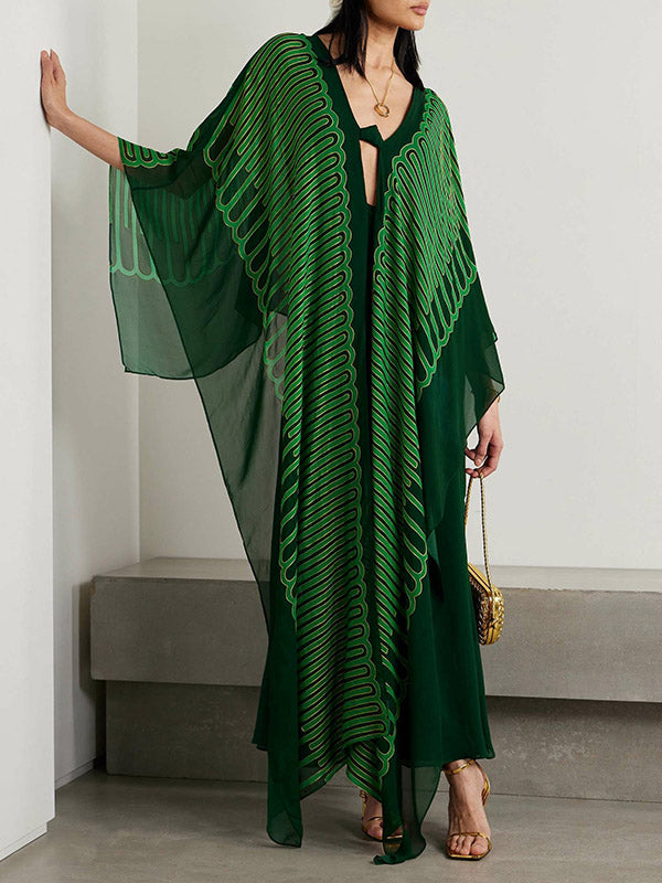 Batwing Sleeves H-Line Pleated Solid Color V-Neck Robes Maxi Dresses