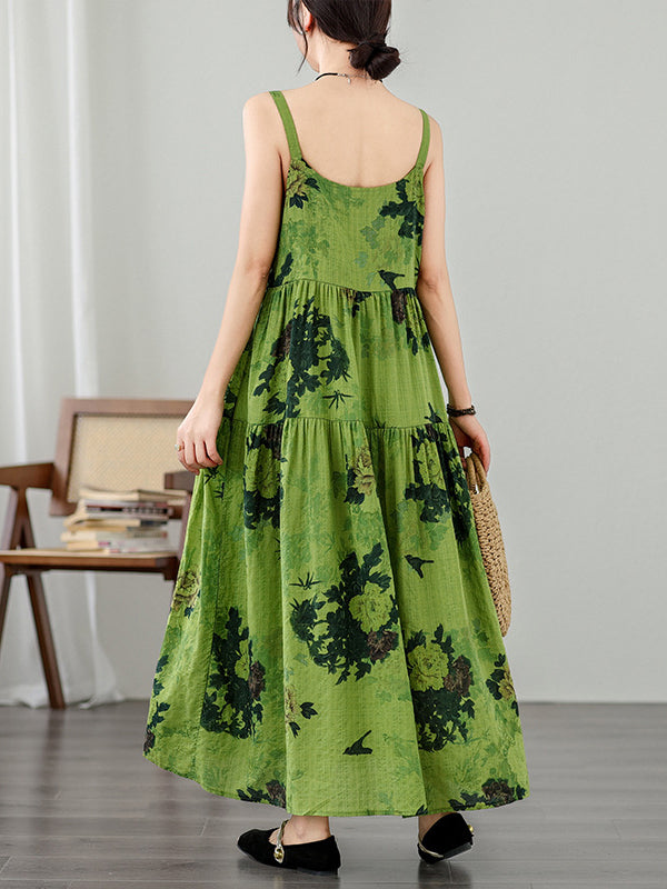 Loose Sleeveless Pleated Printed Split-Joint Spaghetti-Neck Maxi Dresses