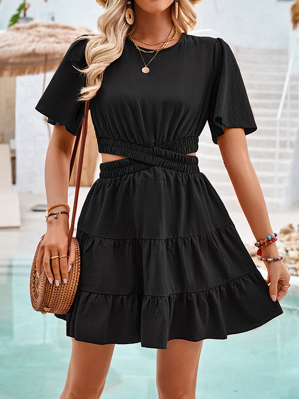 A-Line Flared Sleeves Elasticity Hollow Pleated Solid Color Split-Joint Round-Neck Mini Dresses