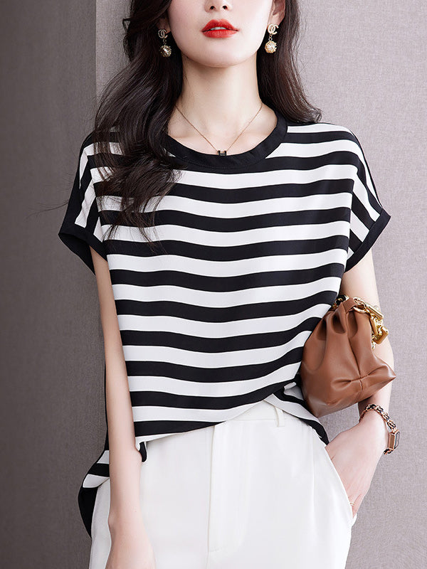 Loose Plus Size Contrast Color Striped Round-Neck T-Shirts