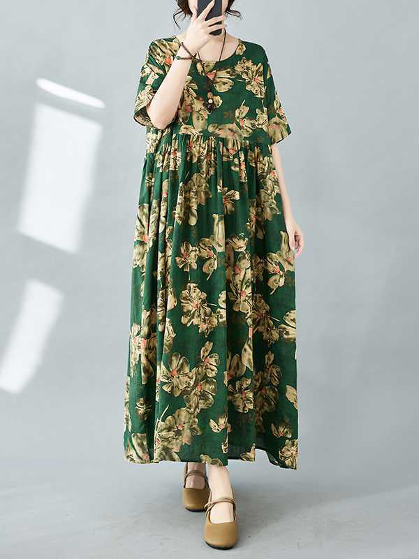 Half Sleeves Loose Flower Print Pleated Pockets Round-neck Midi Dresses