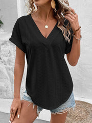 Loose Short Sleeves Hollow Solid Color Split-Joint V-Neck T-Shirts