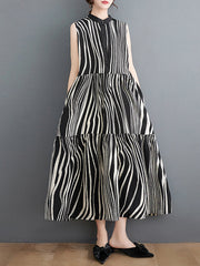 Loose Sleeveless Striped Stand Collar Midi Dresses