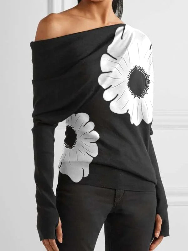 Long Sleeves Asymmetric Contrast Color Floral Printed Split-Joint One-Shoulder T-Shirts