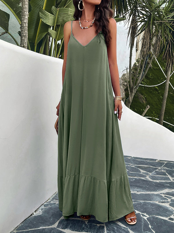 Loose Sleeveless Pleated Solid Color Split-Joint Spaghetti-Neck Maxi Dresses