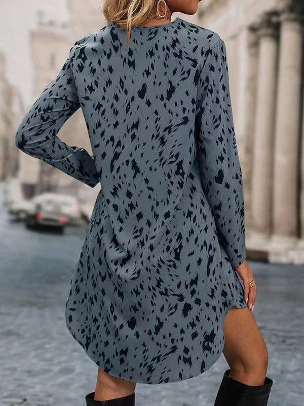 High-Low Long Sleeves Leopard V-Neck Mini Dresses