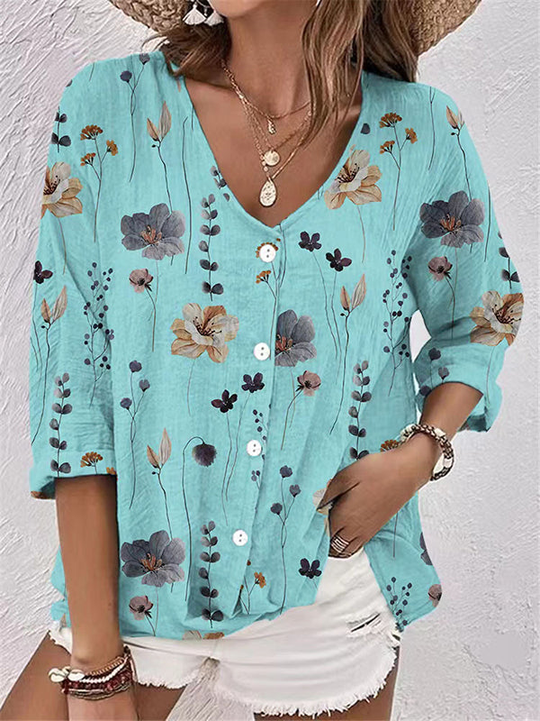 Long Sleeves Loose Buttoned Flower Print V-Neck Blouses&Shirts Tops