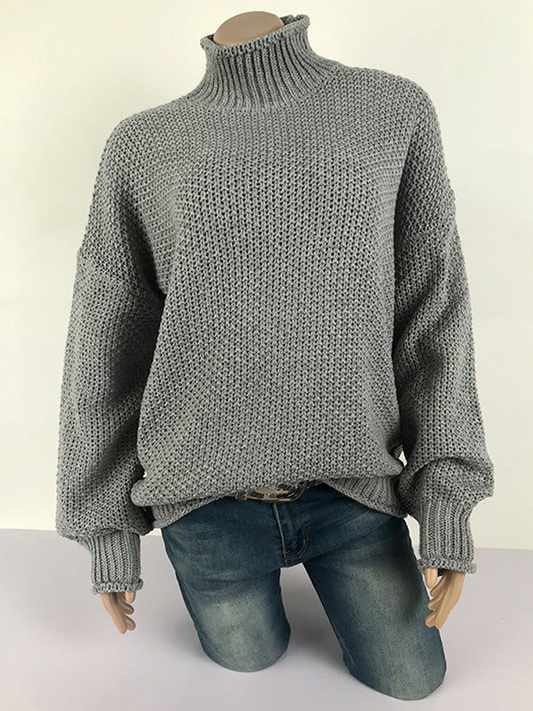 Casual Long Sleeves Solid Color High-Neck Sweater Tops