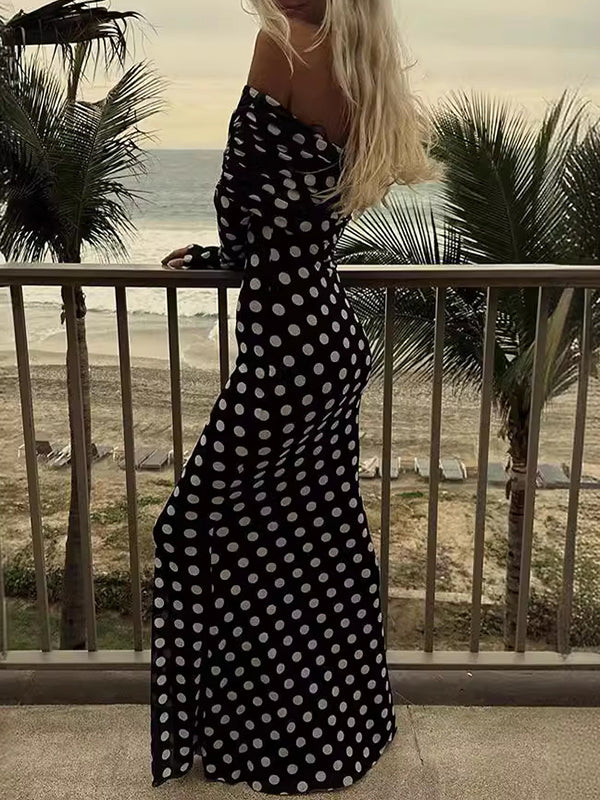 Long Sleeves Skinny Pleated Polka-Dot Split-Joint Tube Maxi Dresses