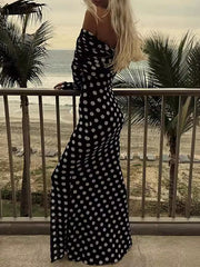 Long Sleeves Skinny Pleated Polka-Dot Split-Joint Tube Maxi Dresses