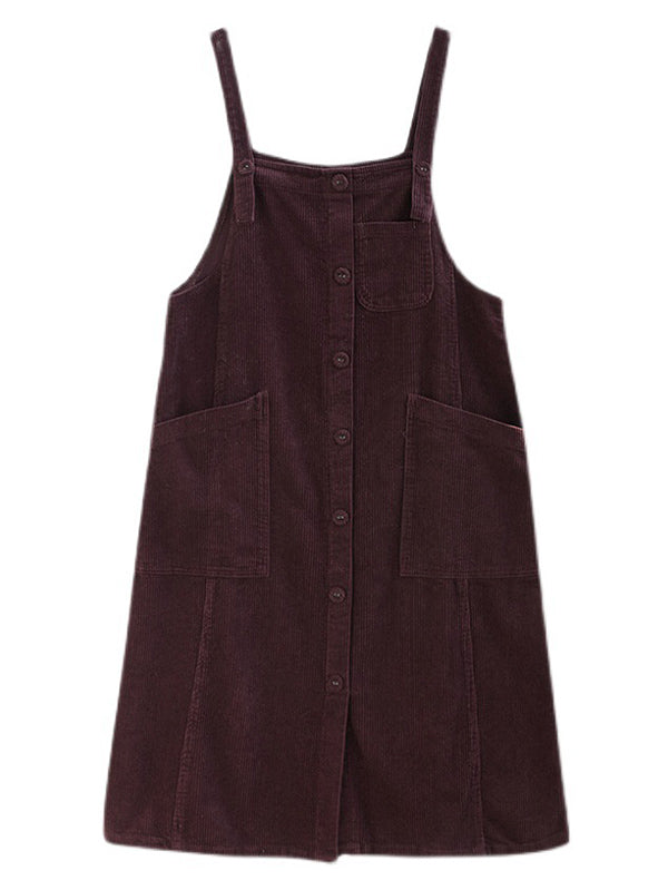 Artistic Retro Simple Corduroy Square-Neck Sleeveless Strap Dress