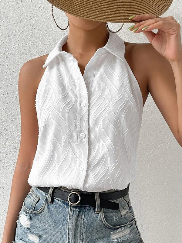 Sleeveless Jacquard See-Through Solid Color Lapel Blouses&Shirts Tops