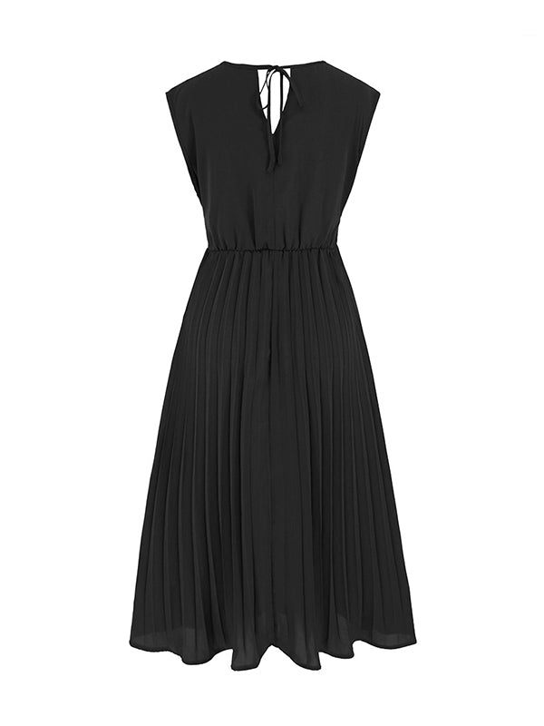 Sleeveless Pleated Solid Color Tied Waist V-Neck Midi Dresses