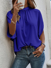 Batwing Sleeves High-Low Lace-Up Pleated Solid Color Stand Collar T-Shirts