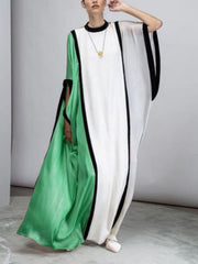 Batwing Sleeves Half Sleeves Contrast Color Split-Joint Round-Neck Maxi Dresses