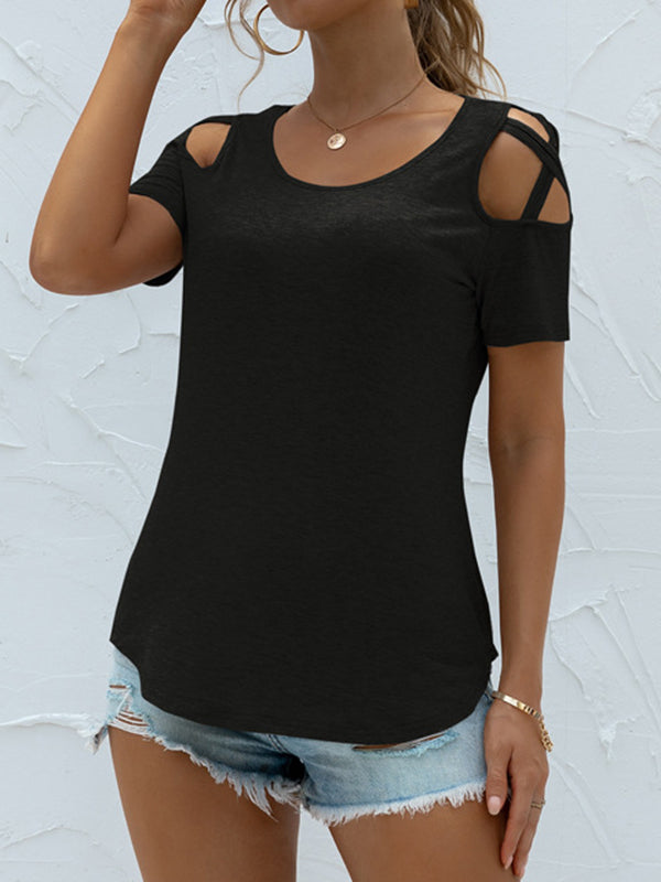 Loose Short Sleeves Hollow Solid Color Round-Neck T-Shirts Tops