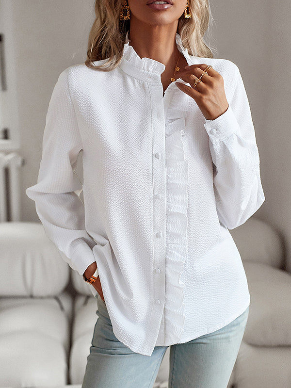 Long Sleeves Asymmetric Buttoned Ruffled Striped Mock Neck Blouses&Shirts Tops