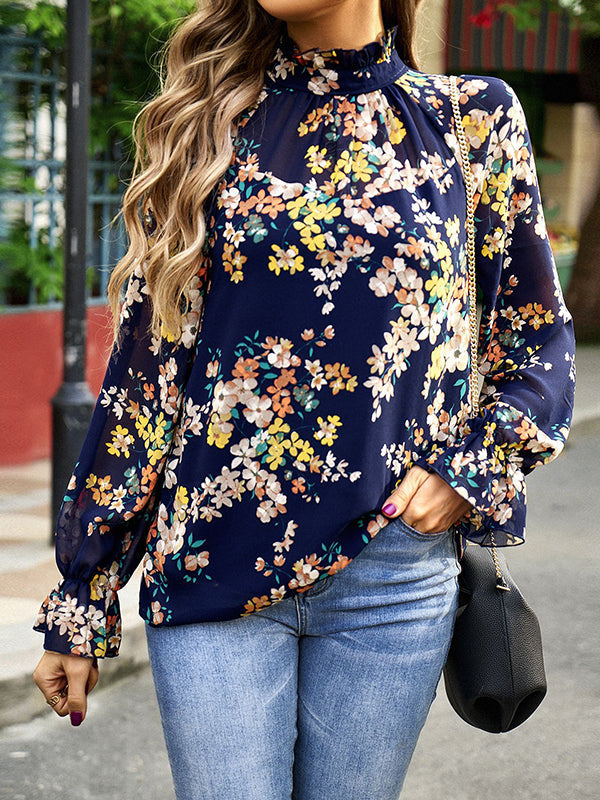 Flared Sleeves Long Sleeves Elasticity Flower Print Round-Neck Blouses&Shirts Tops