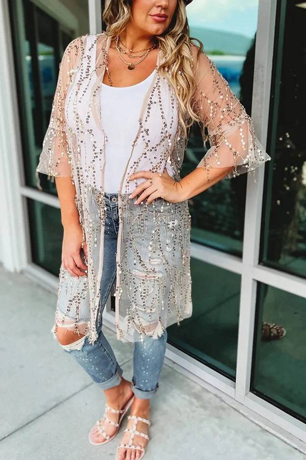 Here for The Party Draped Tassel Sequin Bell Sleeve Loose Kimono