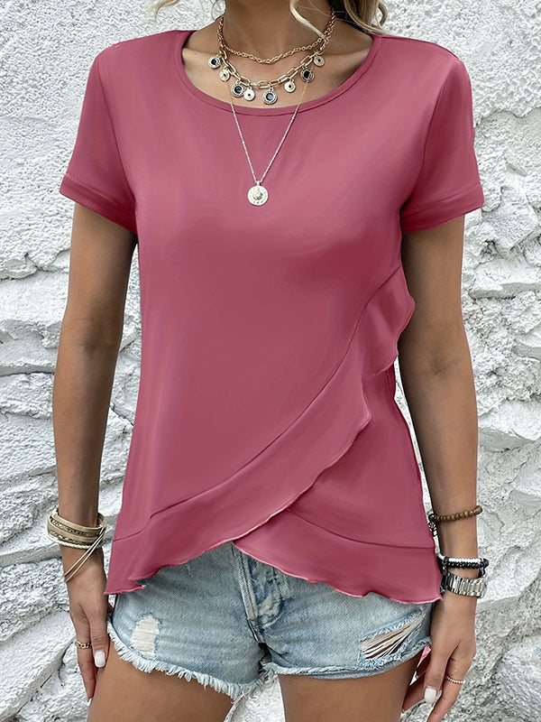 Loose Short Sleeves Asymmetric Ruffled Solid Color Split-Joint Round-Neck T-Shirts Tops