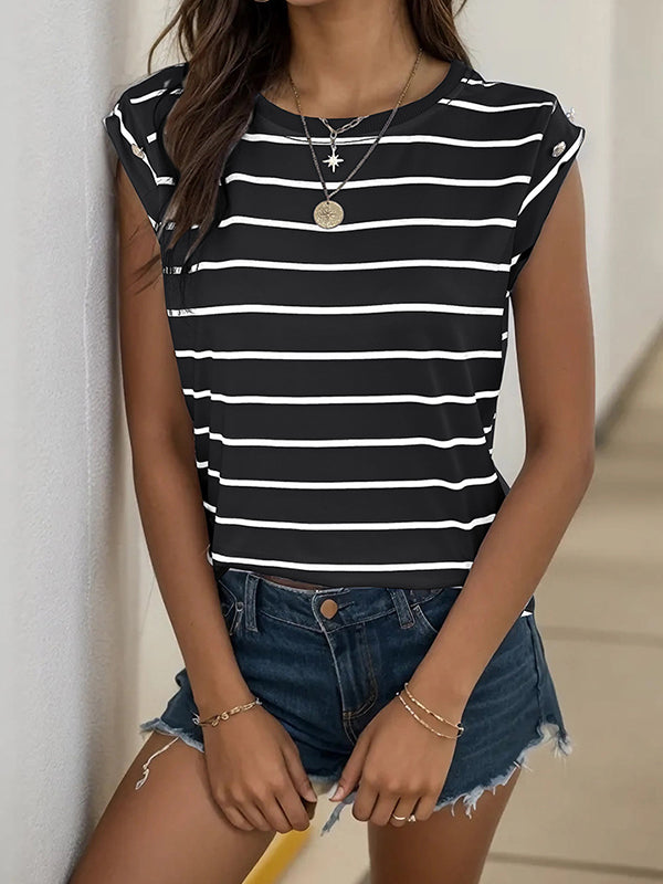 Loose Short Sleeves Split-Joint Striped Round-Neck T-Shirts