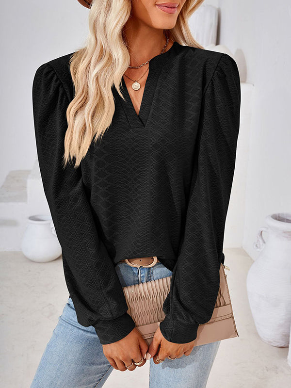 Long Sleeves Loose Jacquard Solid Color V-neck T-Shirts Tops