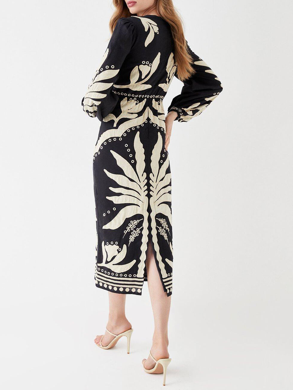 Unique Palm Tree Floral V-Neck Long Sleeve Midi Dress