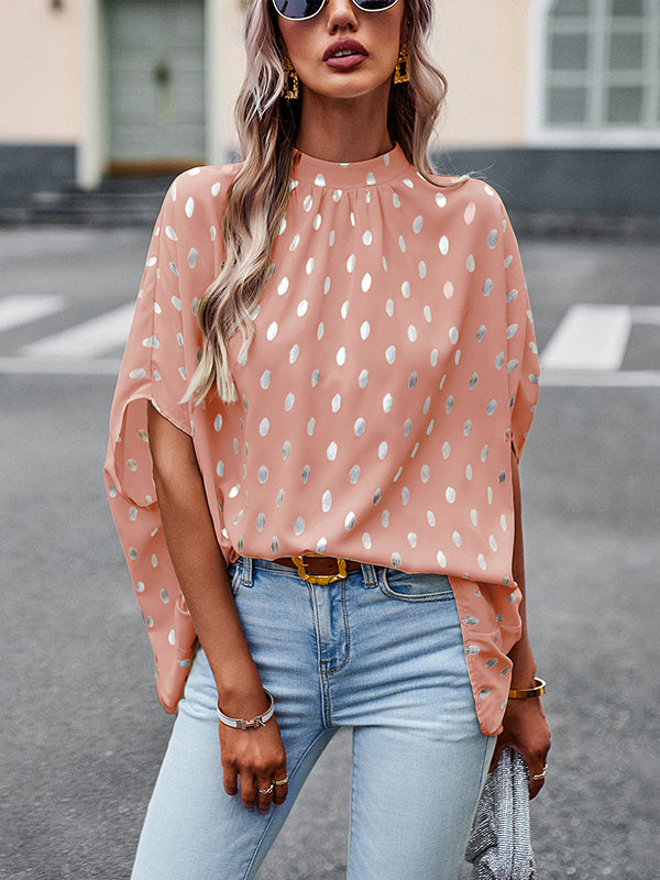 Loose Bandage Polka Dot Round-Neck Blouses&Shirts Tops