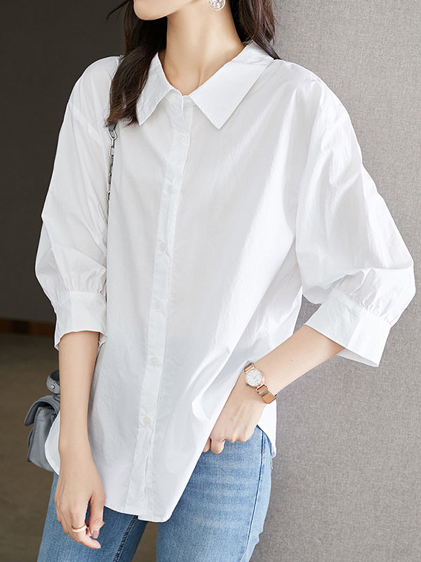 Simple Casual Loose Puff Sleeves White Blouse