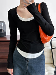 False Two Long Sleeves Contrast Color Round-Neck T-Shirts Tops