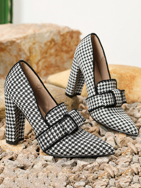 Bowknot Houndstooth Pointed-Toe Split-Joint Pumps