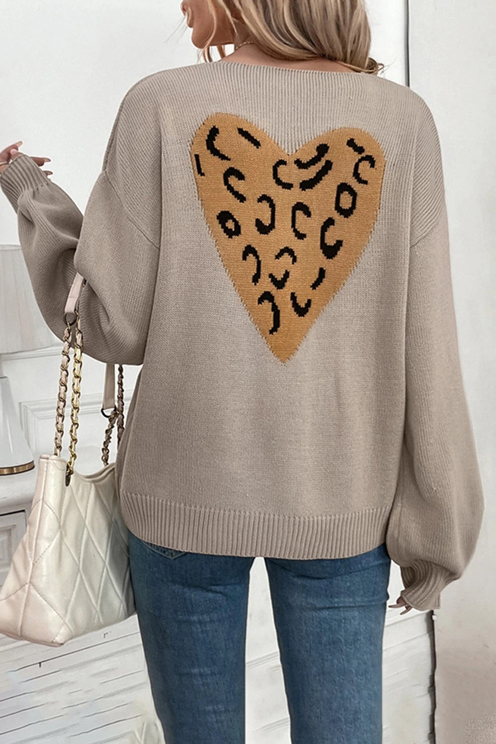 Gray Bowknot Front Leopard Heart Back Knit Cardigan