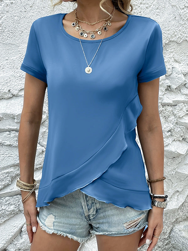 Loose Short Sleeves Asymmetric Ruffled Solid Color Split-Joint Round-Neck T-Shirts Tops