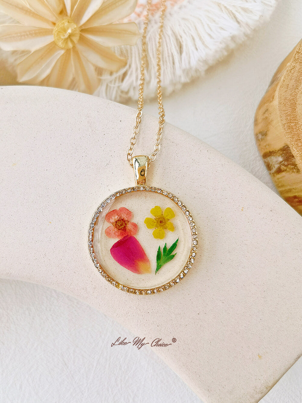 Birth Month Flower Resin Round Crystal Pendant Necklace